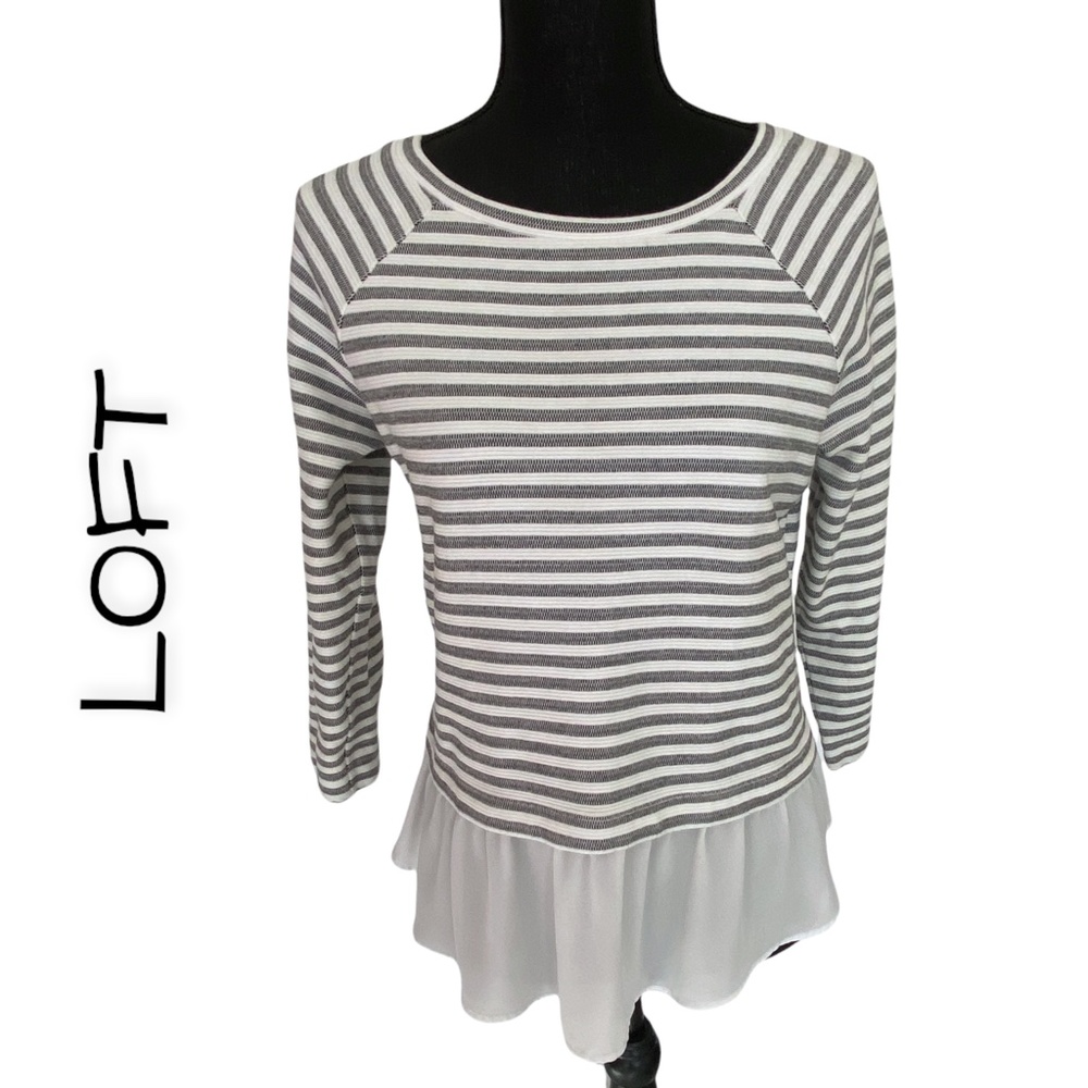 LOFT Striped Jersey Top with Flirty Peplum, Size Small